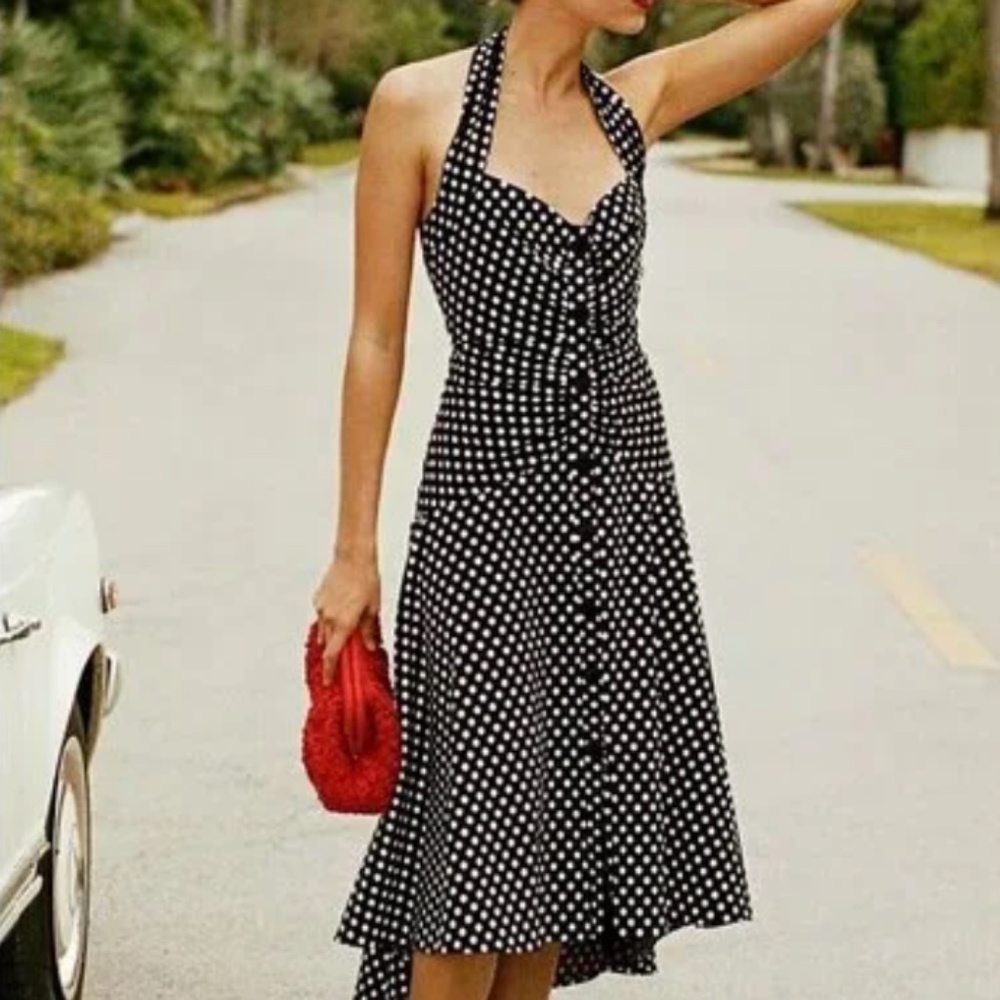 Anthropologie Maeve Halter Ruched Midi Dress Size 12 Polka Dot Black White